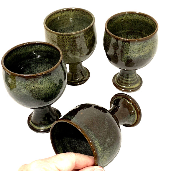 Vintage Jugtown Pottery Glazed Goblets Wine Glasses Green Brown Artisan Handmade - Picture 11 of 12